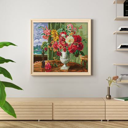 Flowers In Front Of Oil Painting Window - 14CT Stamped Cross Stitch 53*46CM(Joy Sunday)