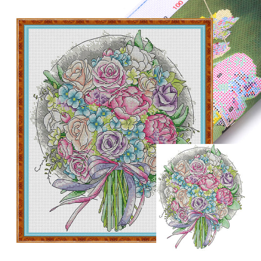 Purple Rose Bouquet - 14CT Stamped Cross Stitch 33*36CM(Joy Sunday)