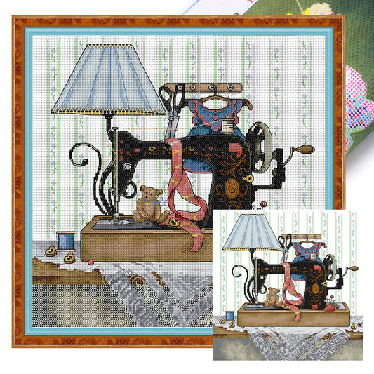 Sewing Machine And Blue Wall Lamp - 14CT Stamped Cross Stitch 36*37CM(Joy Sunday)