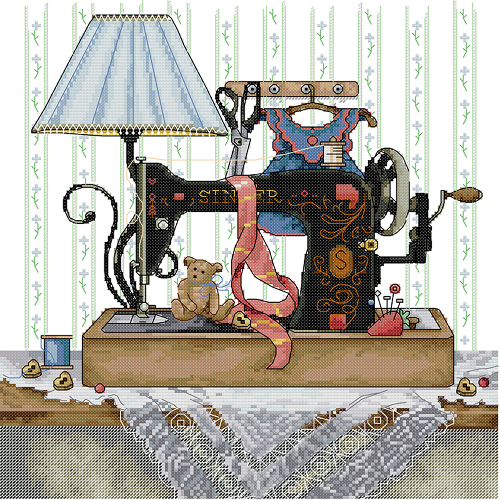 Sewing Machine And Blue Wall Lamp - 14CT Stamped Cross Stitch 36*37CM(Joy Sunday)