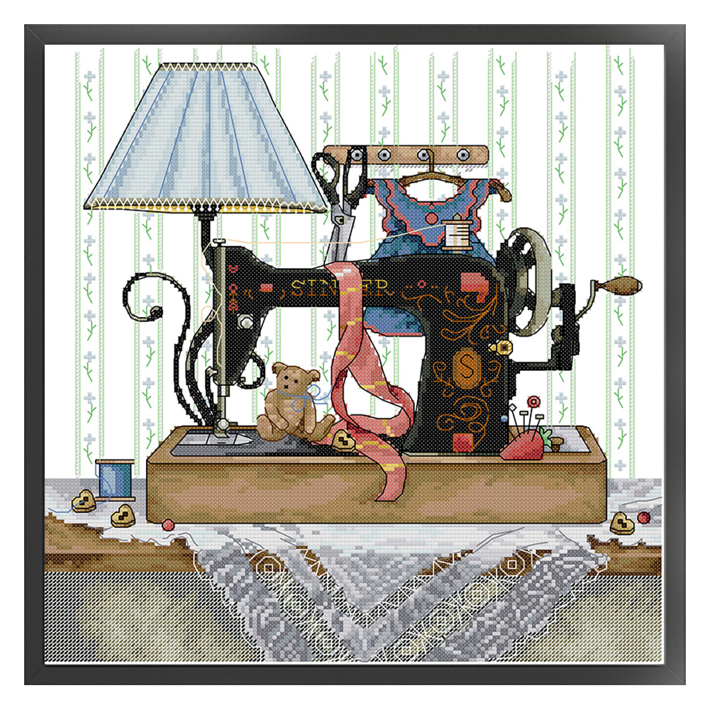 Sewing Machine And Blue Wall Lamp - 14CT Stamped Cross Stitch 36*37CM(Joy Sunday)