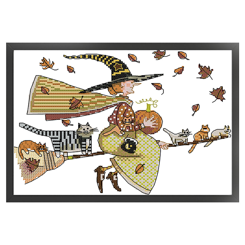 Witch And Cat - 14CT Stamped Cross Stitch 29*21CM(Joy Sunday)