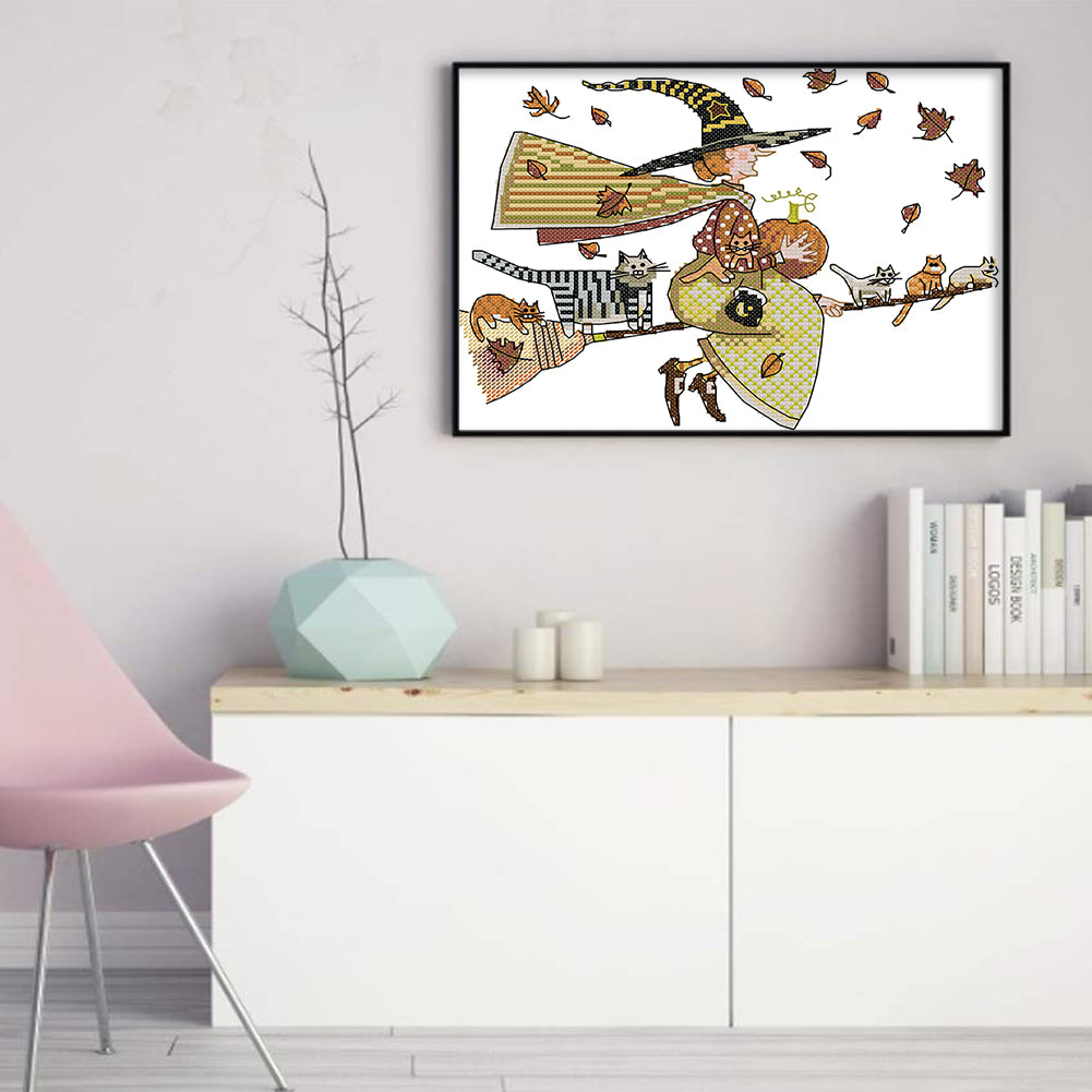 Witch And Cat - 14CT Stamped Cross Stitch 29*21CM(Joy Sunday)