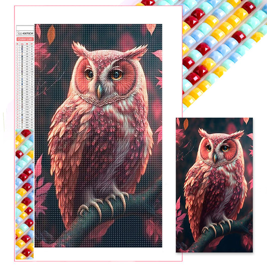 Pink Owl Standing On A Branch - Full Square Drill Diamond Painting 40*70CM