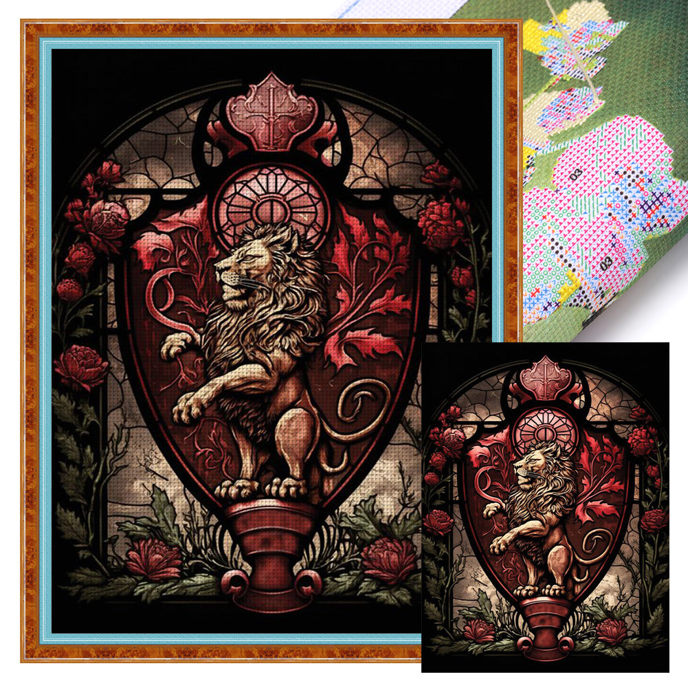 Glass Painting - Lion And Rose - 11CT Stamped Cross Stitch 40*55CM