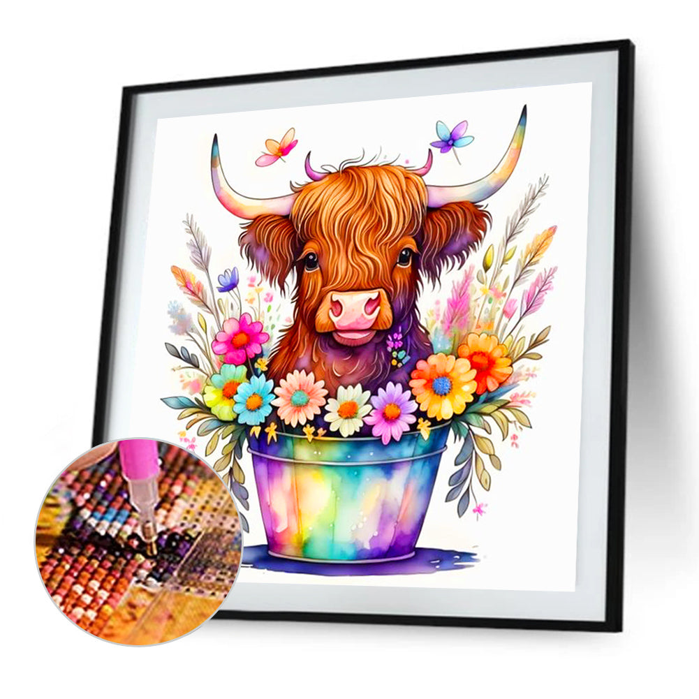 Flower Bucket And Cow - Full Round Drill Diamond Painting 40*40CM