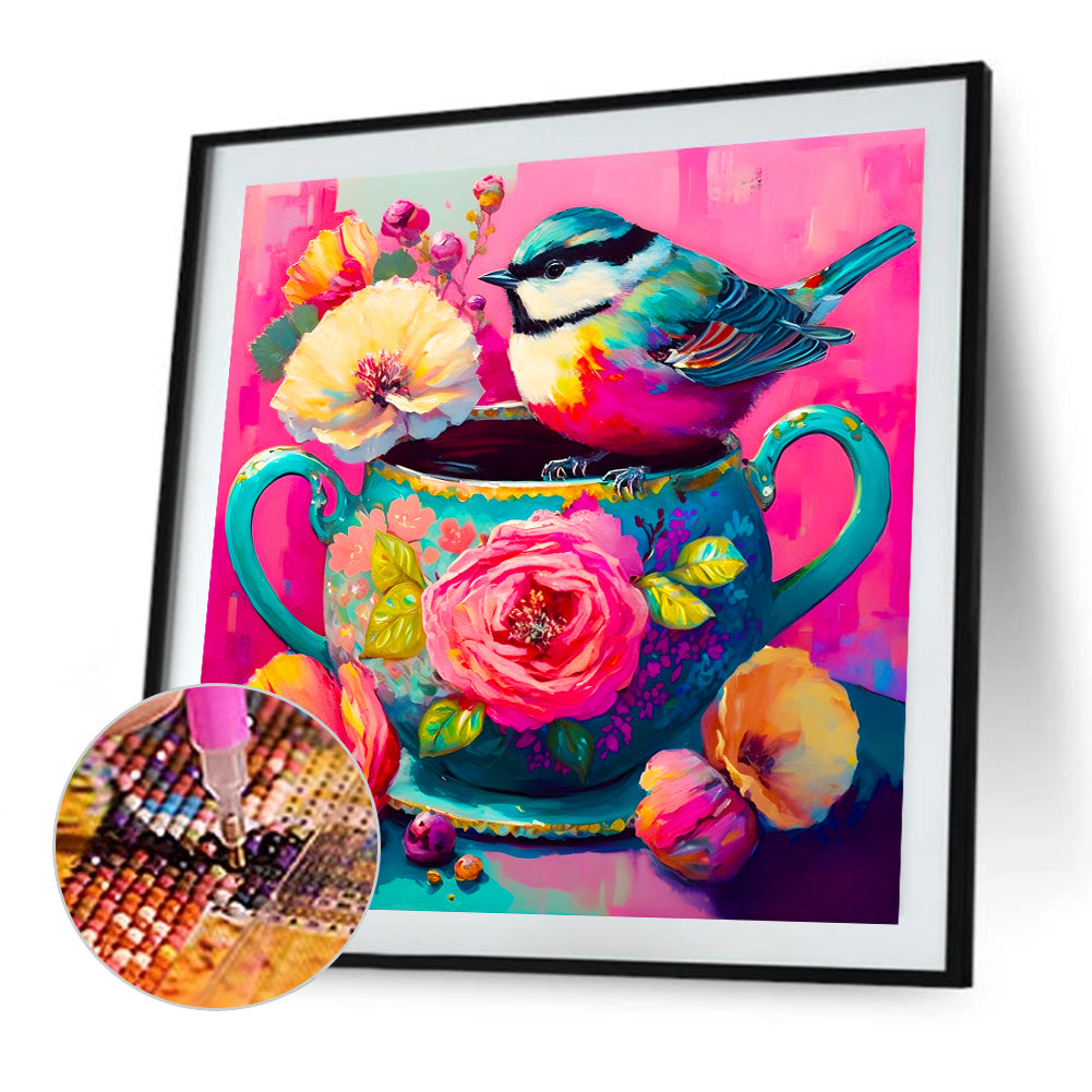 The Bird On The Teacup¡¤Rose Red - Full Round Drill Diamond Painting 40*40CM