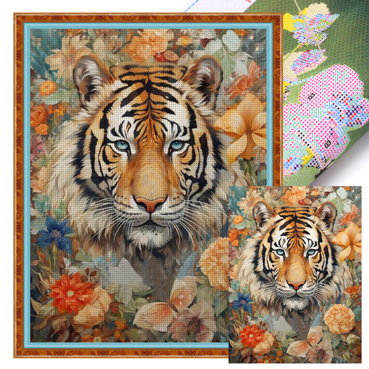 Flowers And Tiger - 11CT Stamped Cross Stitch 50*65CM