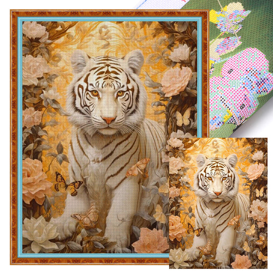 Flowers And Tiger - 11CT Stamped Cross Stitch 50*65CM