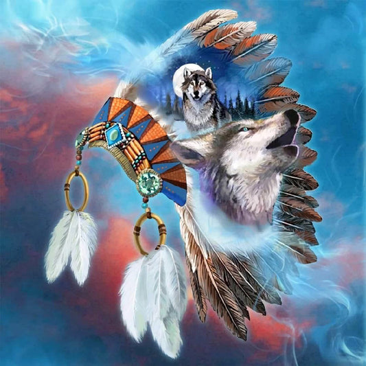 Feather Hat And Wolf Head - Full Round Drill Diamond Painting 40*40CM