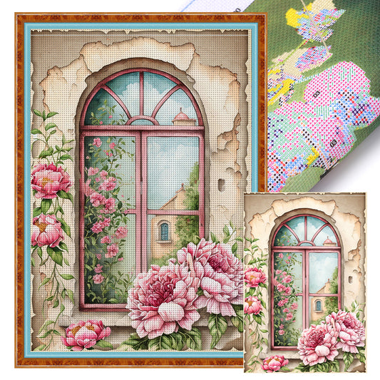 Retro Poster - Peonies By The Window - 11CT Stamped Cross Stitch 40*60CM