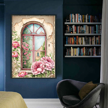 Retro Poster - Peonies By The Window - 11CT Stamped Cross Stitch 40*60CM