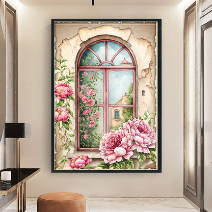 Retro Poster - Peonies By The Window - 11CT Stamped Cross Stitch 40*60CM