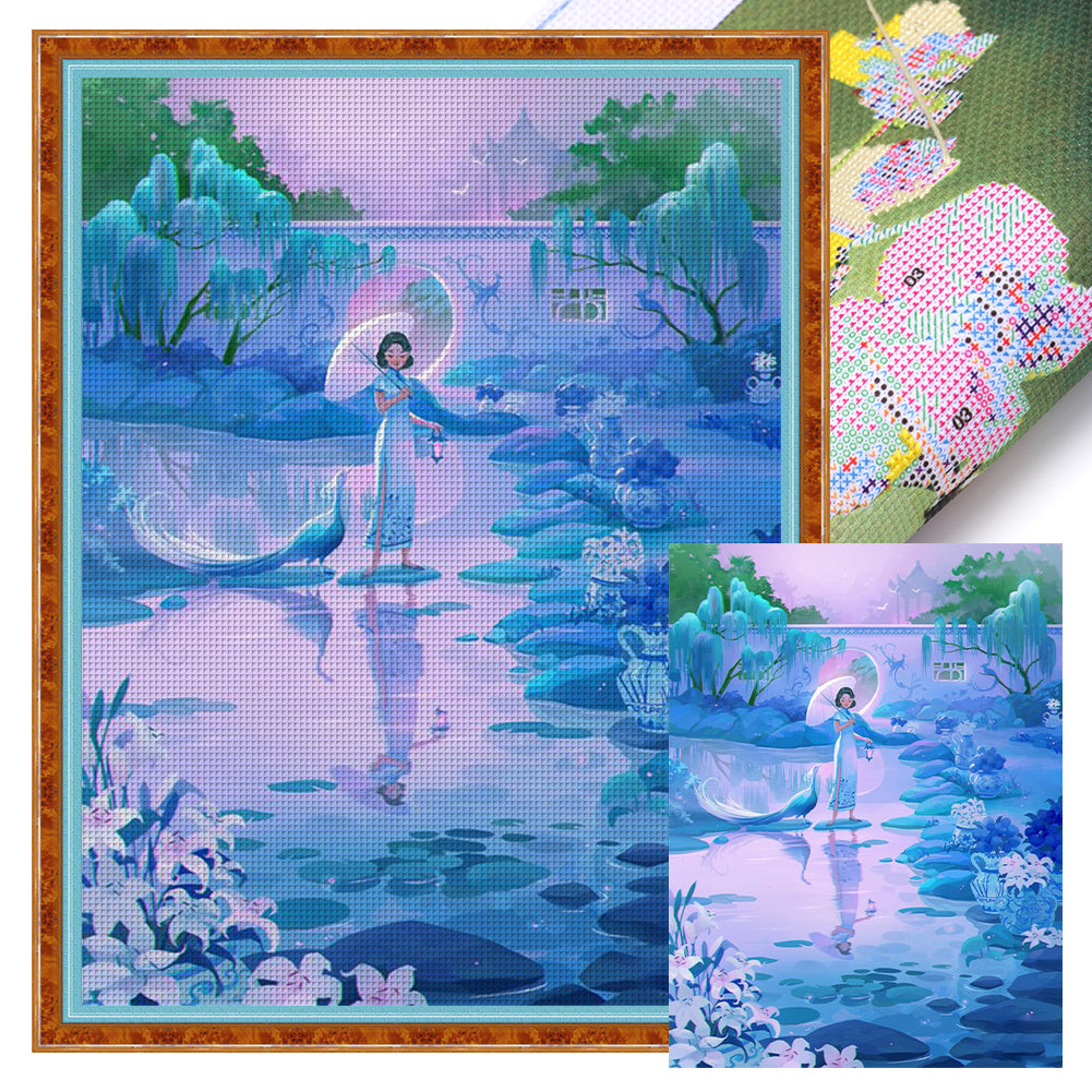 Classical Girl In The Courtyard - 11CT Stamped Cross Stitch 40*55CM