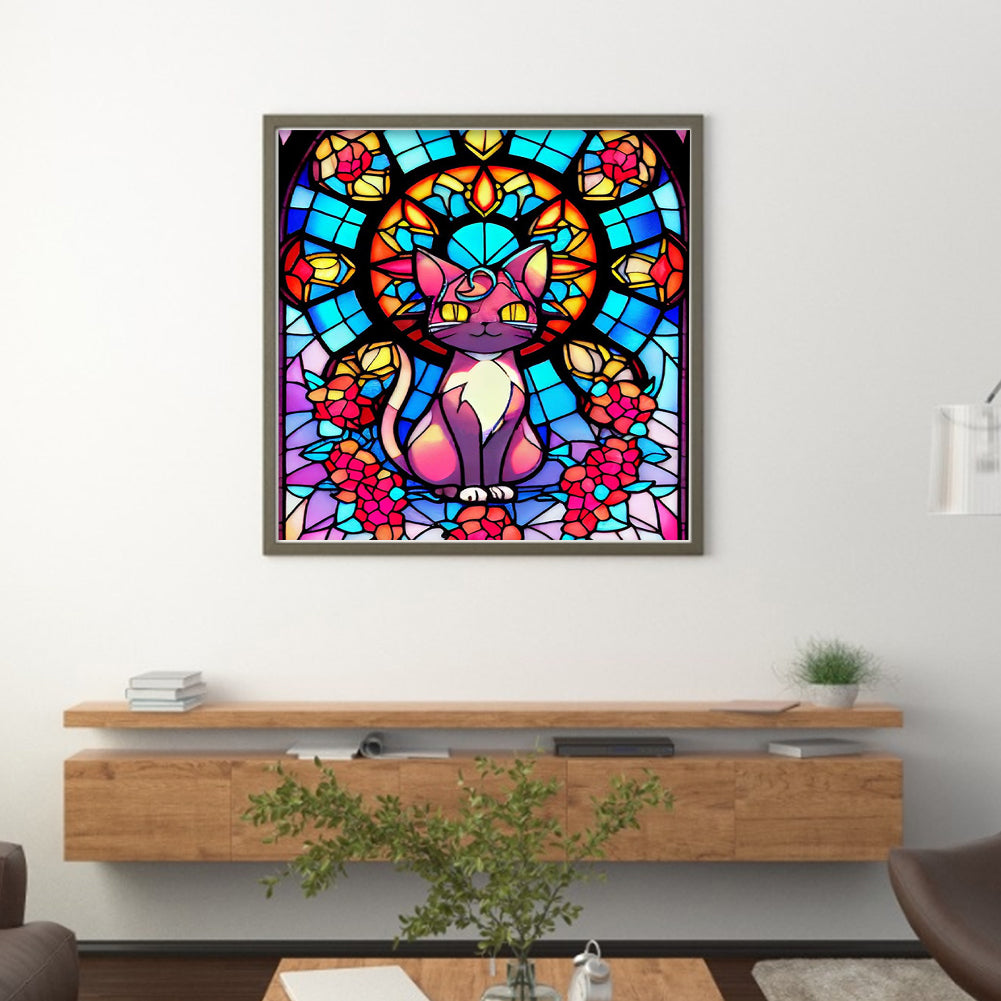 Glass Painting-Cat - 11CT Stamped Cross Stitch 50*50CM