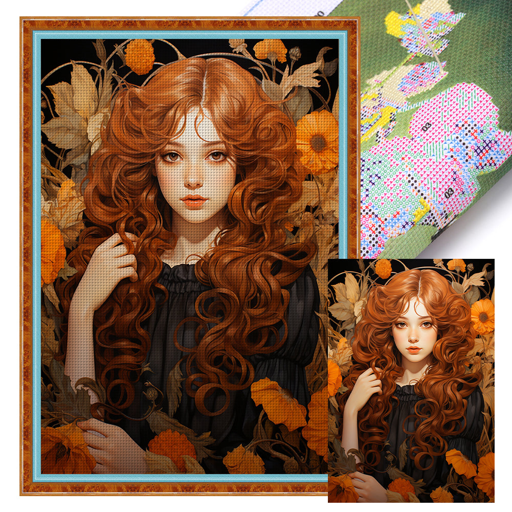 Chrysanthemum Chestnut Hair Girl - 11CT Stamped Cross Stitch 50*70CM