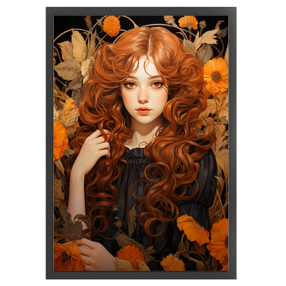 Chrysanthemum Chestnut Hair Girl - 11CT Stamped Cross Stitch 50*70CM