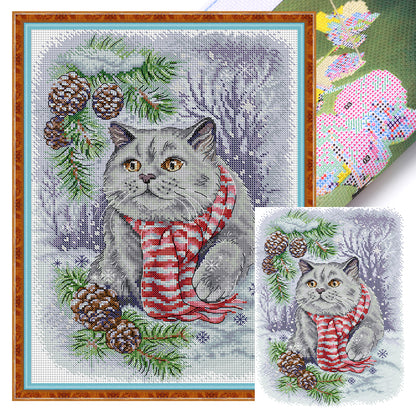 Snow Blue Cat - 14CT Stamped Cross Stitch 29*40CM(Joy Sunday)