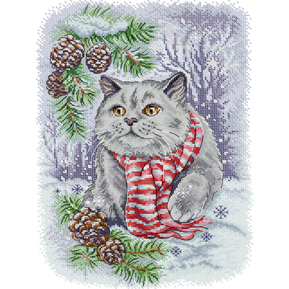 Snow Blue Cat - 14CT Stamped Cross Stitch 29*40CM(Joy Sunday)