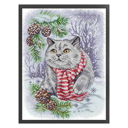 Snow Blue Cat - 14CT Stamped Cross Stitch 29*40CM(Joy Sunday)