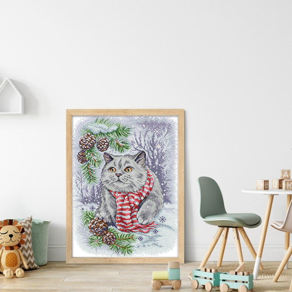 Snow Blue Cat - 14CT Stamped Cross Stitch 29*40CM(Joy Sunday)