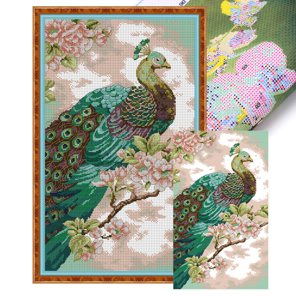 Green Peacock - 14CT Stamped Cross Stitch 30*46CM(Joy Sunday)