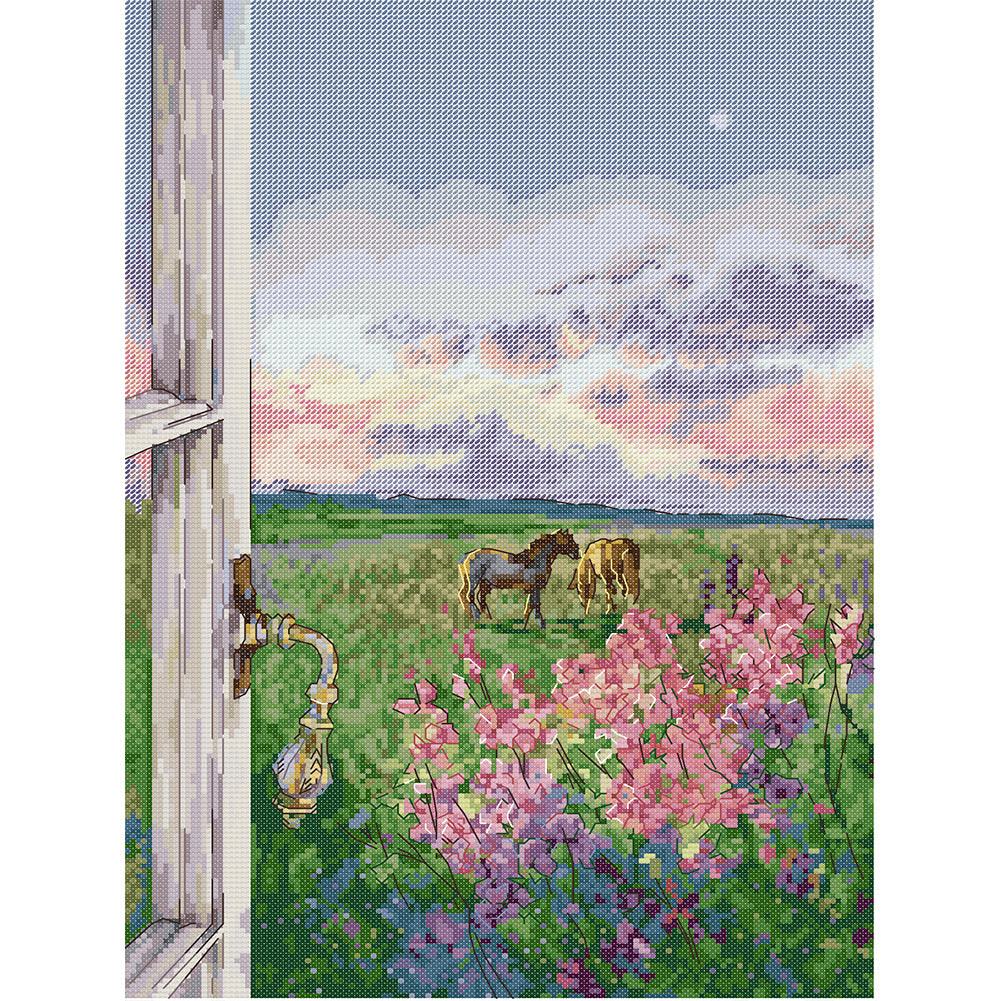 Landscape With Horses - 14CT Stamped Cross Stitch 32*44CM(Joy Sunday)