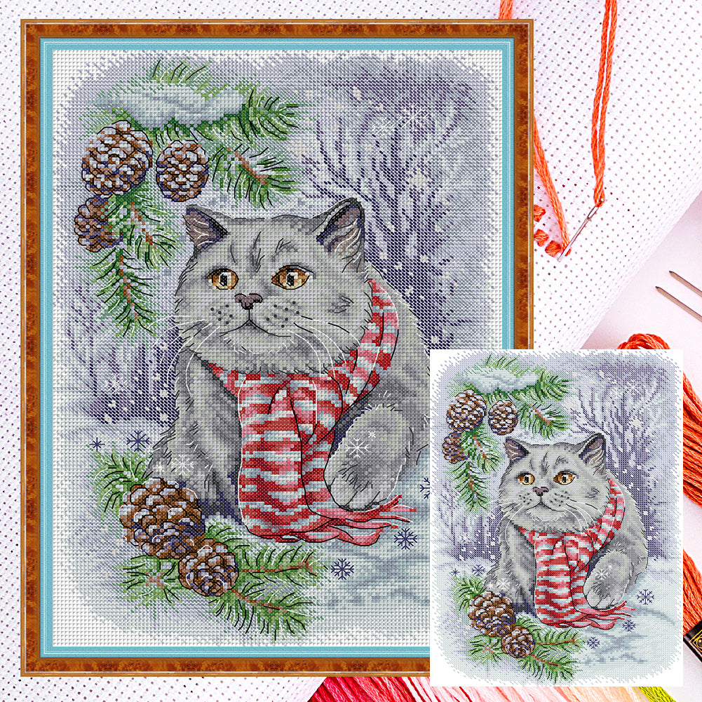 Snow Blue Cat - 14CT Counted Cross Stitch 29*40CM(Joy Sunday)