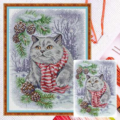 Snow Blue Cat - 14CT Counted Cross Stitch 29*40CM(Joy Sunday)