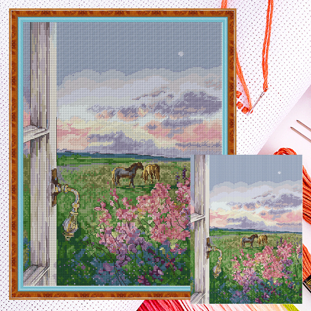 Landscape With Horses - 14CT Counted Cross Stitch 32*44CM(Joy Sunday)