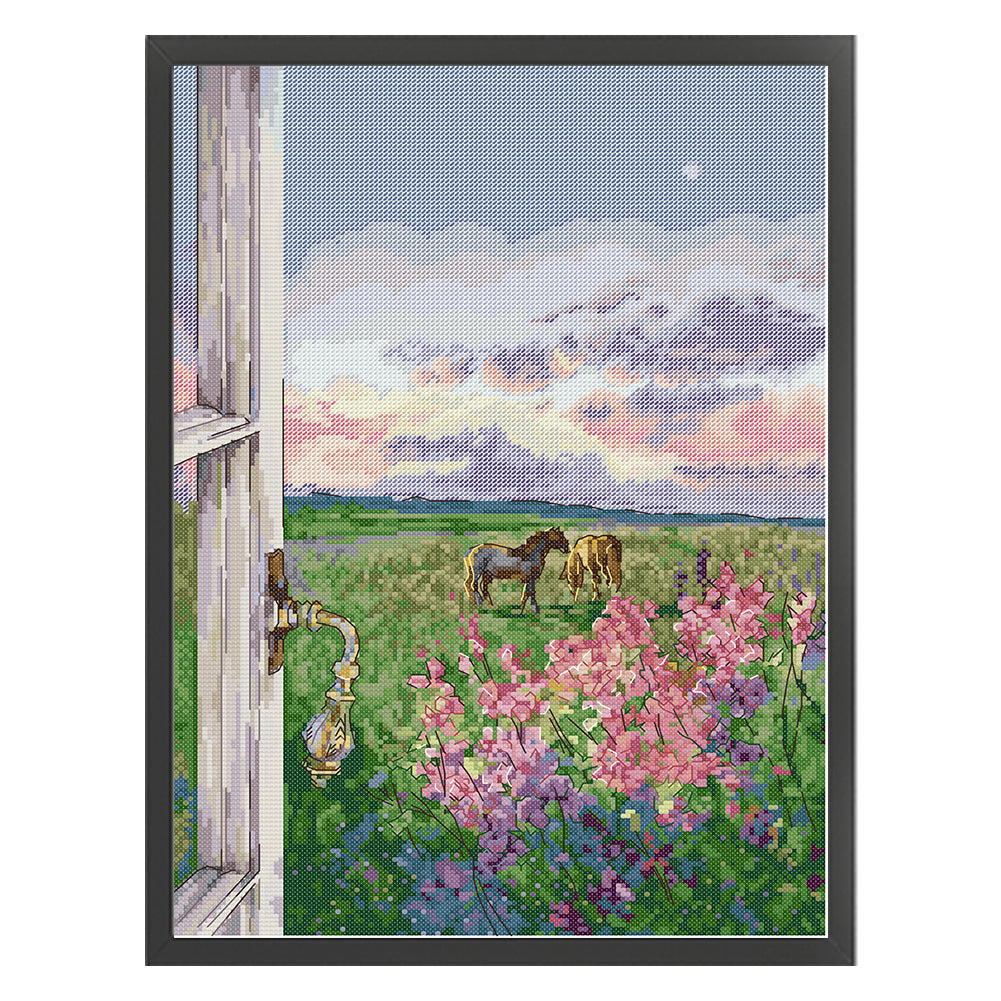 Landscape With Horses - 14CT Counted Cross Stitch 32*44CM(Joy Sunday)