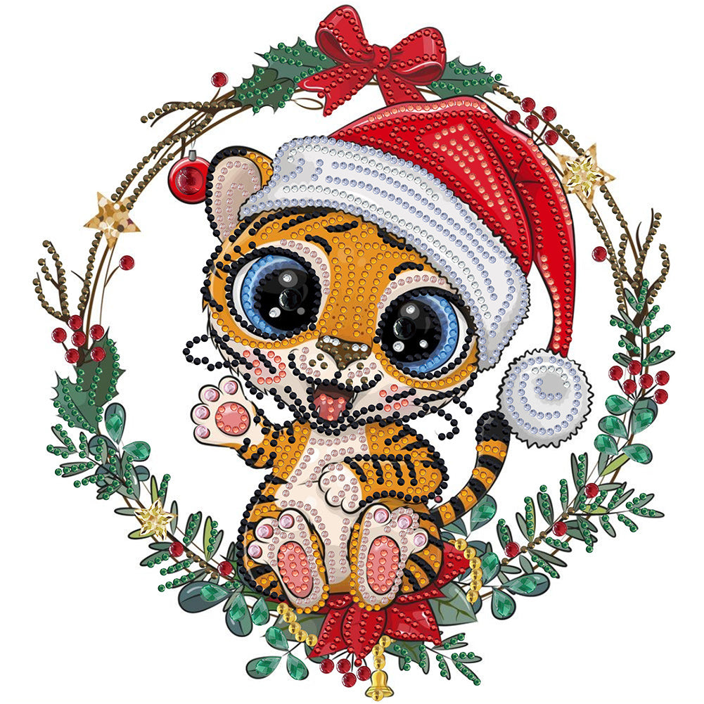 Little Tiger Wearing Santa Hat - Special Shaped Drill Diamond Painting 30*30CM