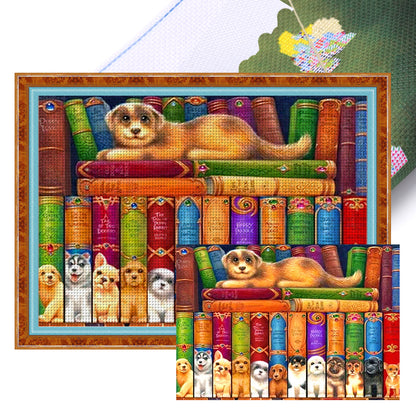 Puppy On Book - 11CT Stamped Cross Stitch 60*45CM