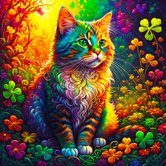 Colorful Cat Sitting Among Four-Leaf Clovers - Full Round Drill Diamond Painting 40*40CM