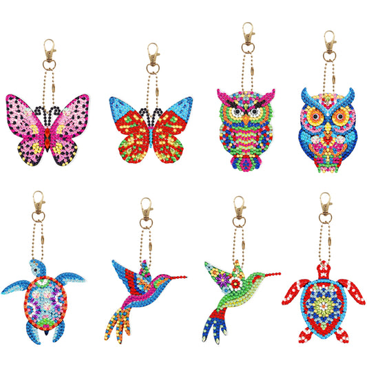 8PCS Double Sided Rhinestone Painting Pendant Ornament(Butterfly OwlHummingbird)