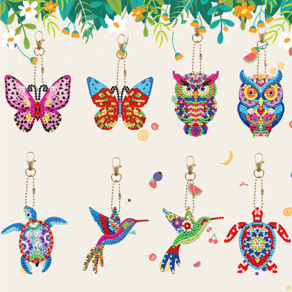 8PCS Double Sided Rhinestone Painting Pendant Ornament(Butterfly OwlHummingbird)