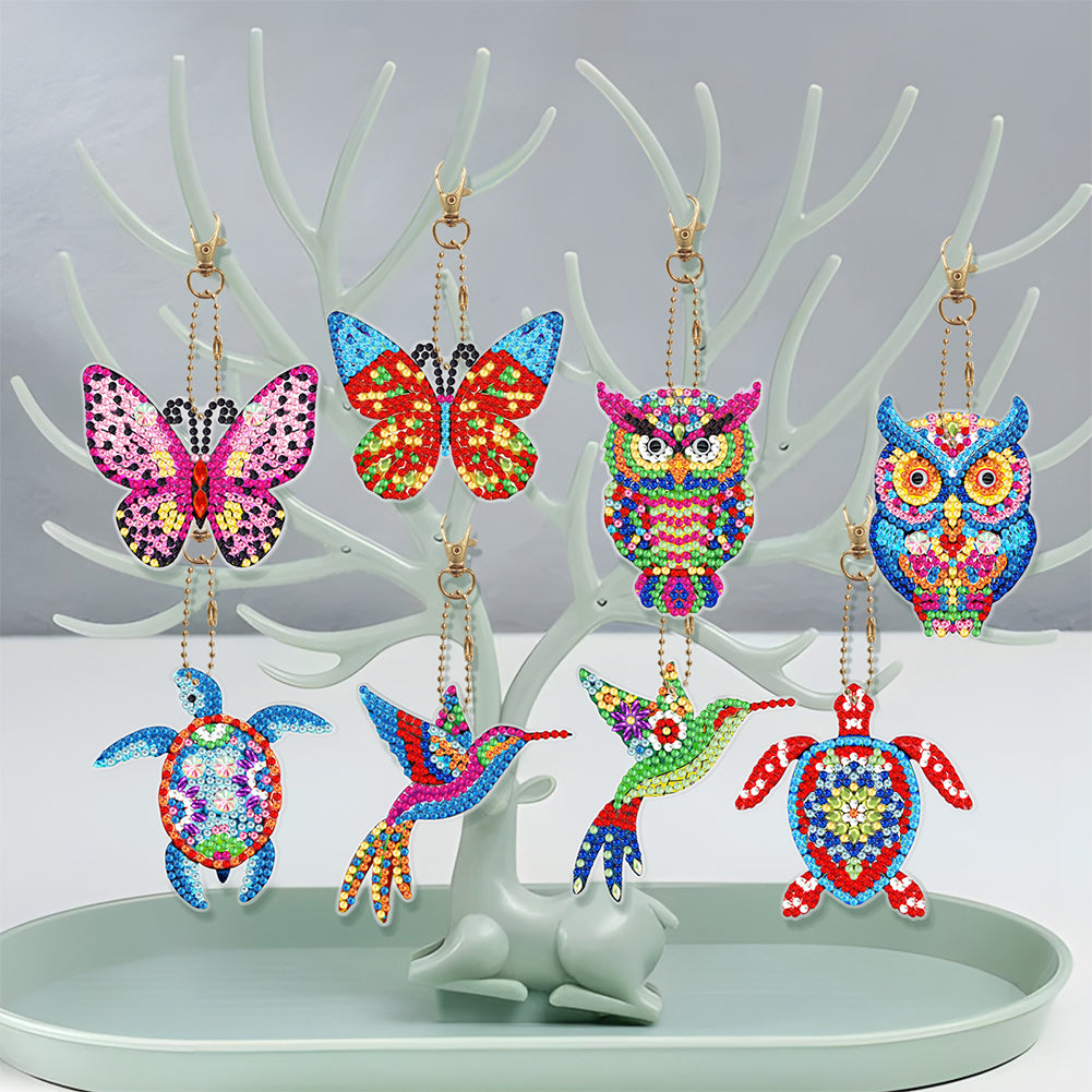 8PCS Double Sided Rhinestone Painting Pendant Ornament(Butterfly OwlHummingbird)