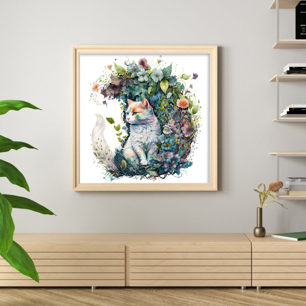 Flowers And Cat - 16CT Stamped Cross Stitch 40*40CM