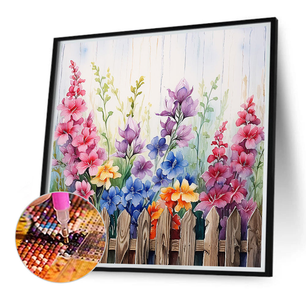 Flowers In Wooden Fence - Full Round Drill Diamond Painting 40*40CM