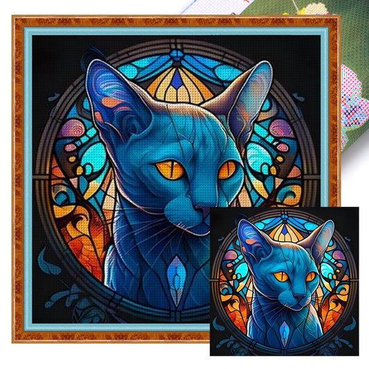 Glass Painting-Blue Cat - 11CT Stamped Cross Stitch 40*40CM