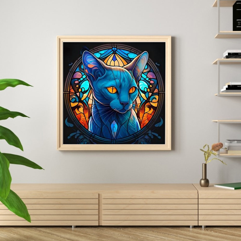 Glass Painting-Blue Cat - 11CT Stamped Cross Stitch 40*40CM