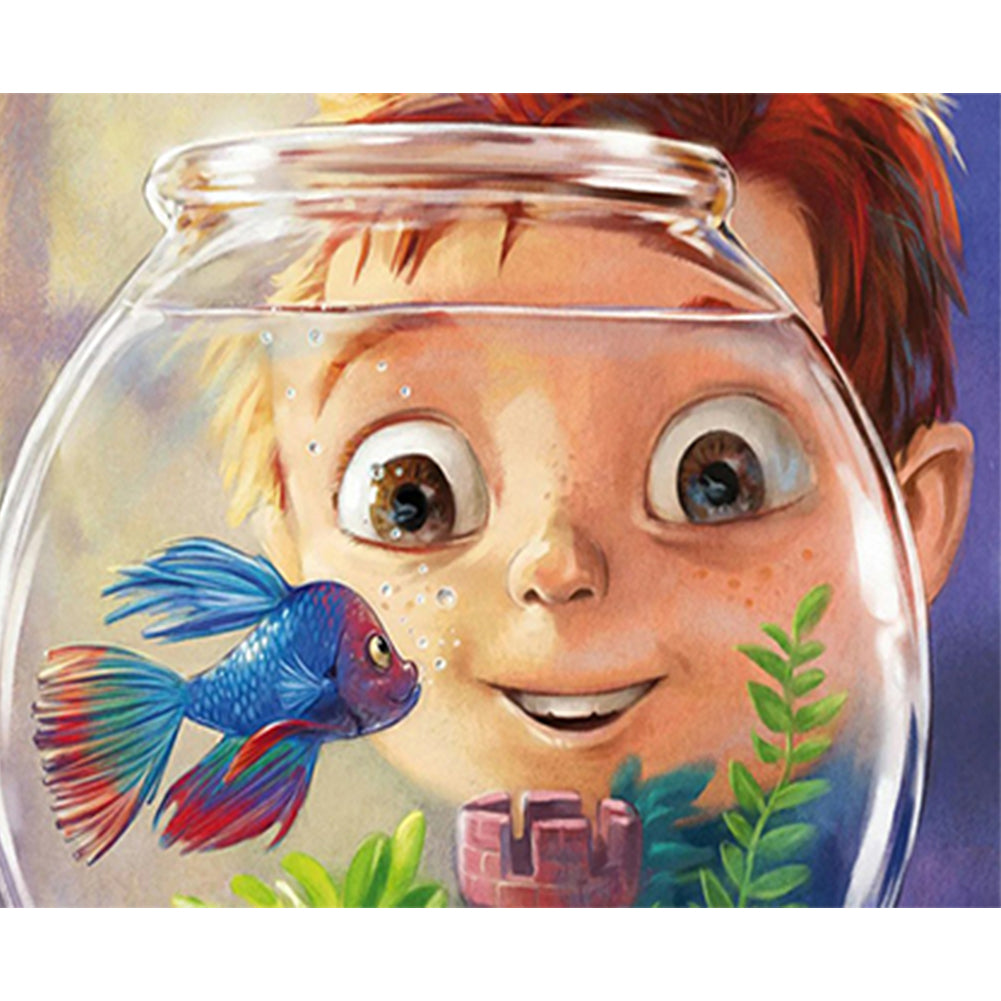 Little Boy Looking At Fish - Full Round Drill Diamond Painting 50*40CM