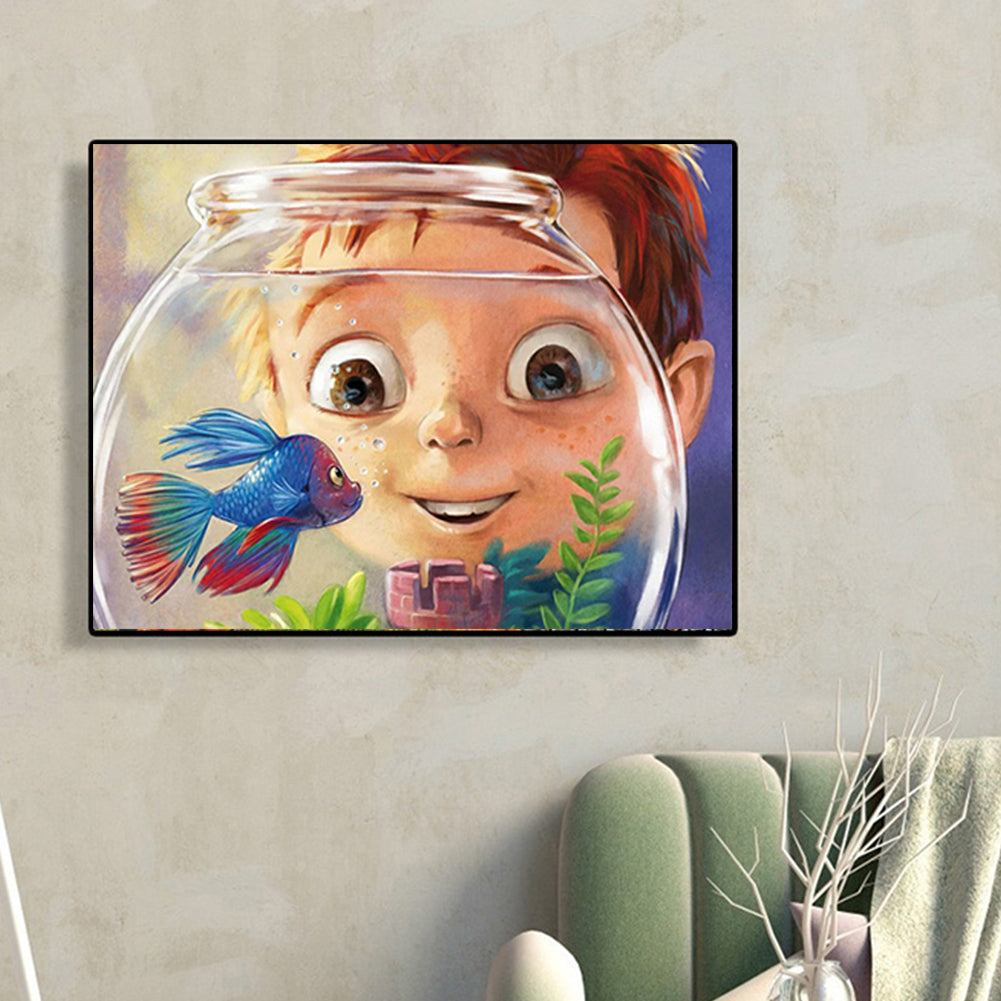 Little Boy Looking At Fish - Full Round Drill Diamond Painting 50*40CM
