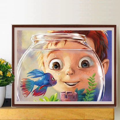 Little Boy Looking At Fish - Full Round Drill Diamond Painting 50*40CM