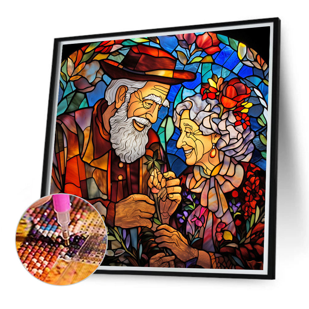 Elderly Couple Glass Painting - Full Round Drill Diamond Painting 40*40CM