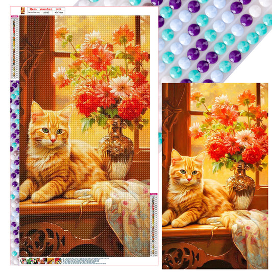 Orange Cat Next To Vase - Full Round Drill Diamond Painting 40*70CM