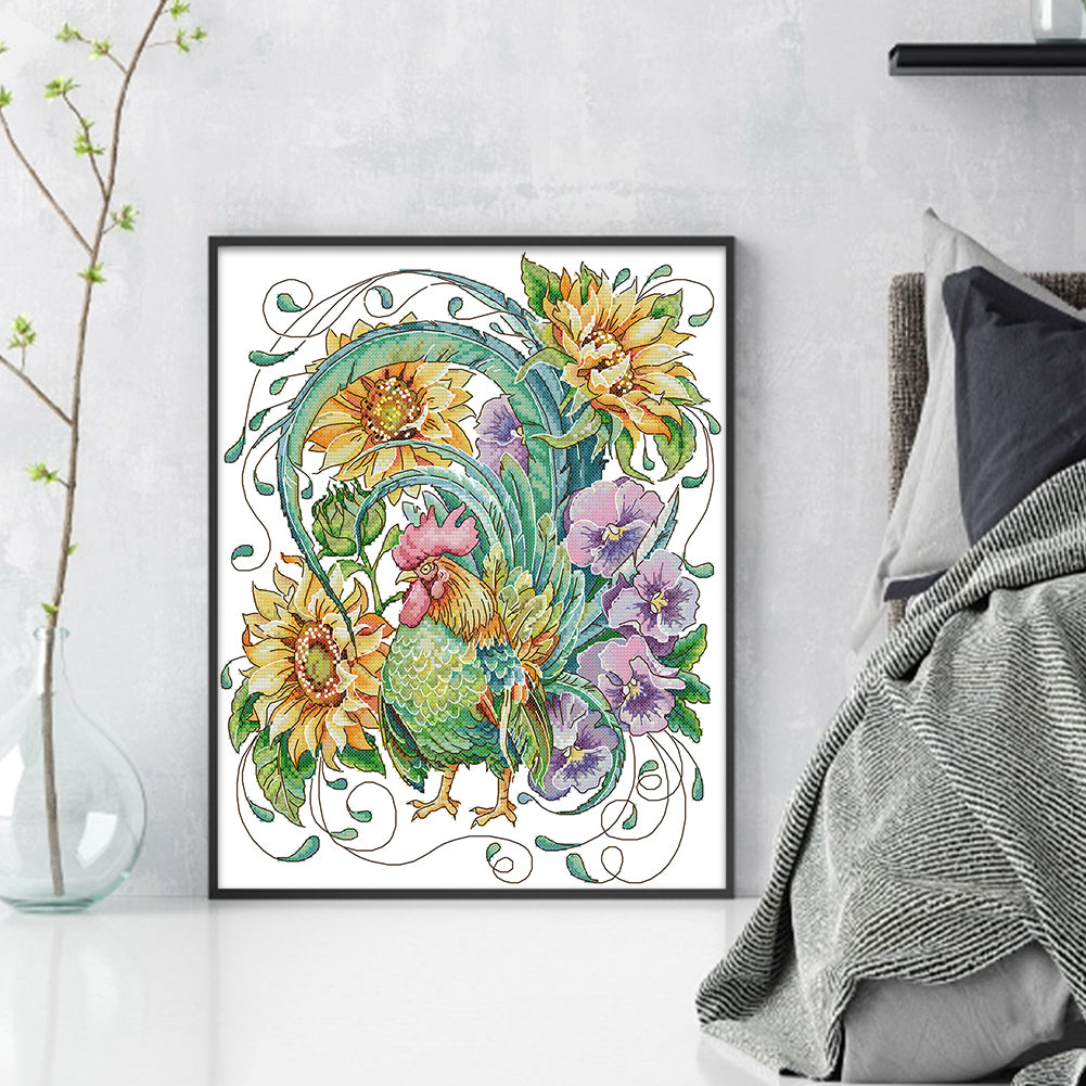 Rooster Among Sunflowers - 14CT Stamped Cross Stitch 34*40CM(Joy Sunday)