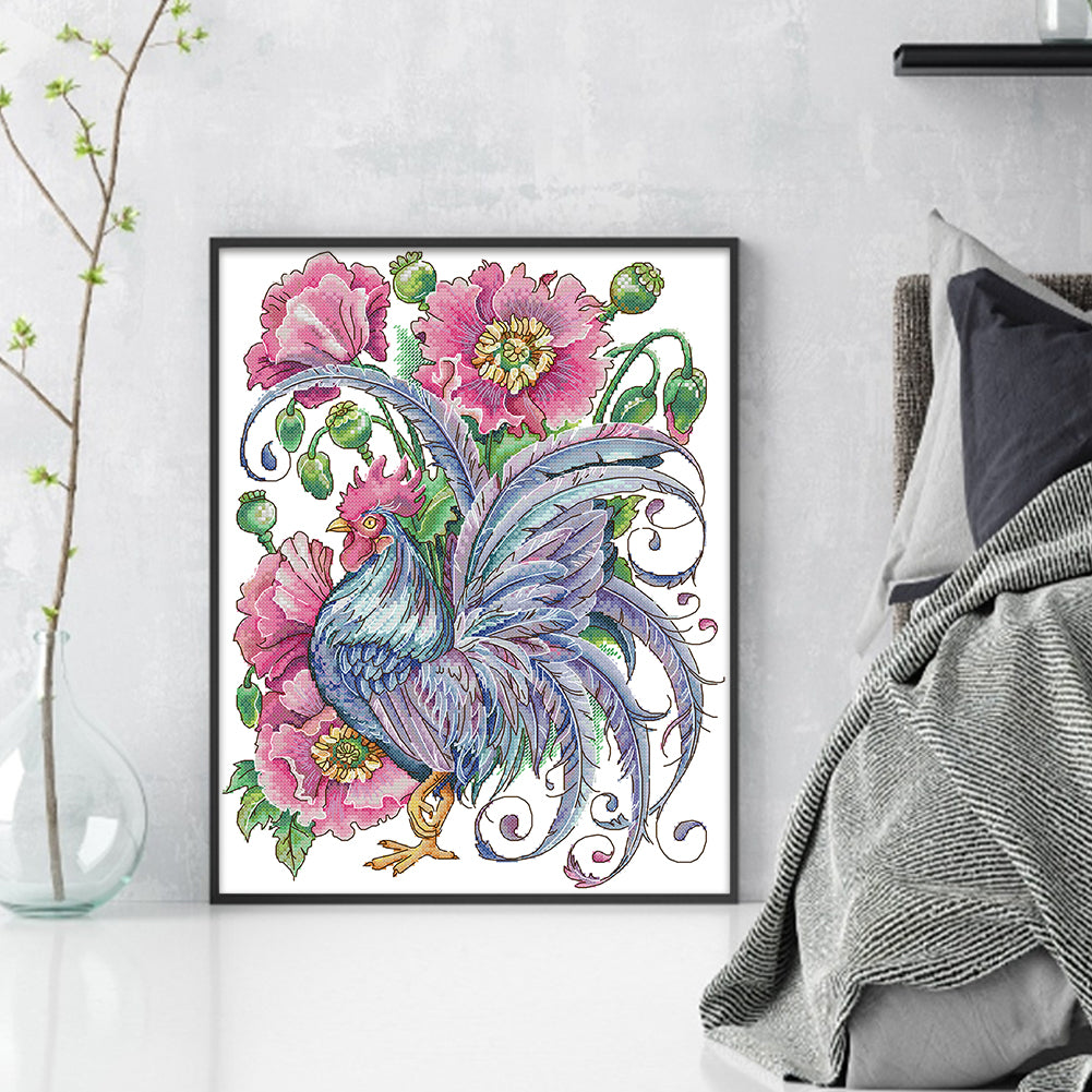 Rooster Among Poppies - 14CT Stamped Cross Stitch 33*40CM(Joy Sunday)