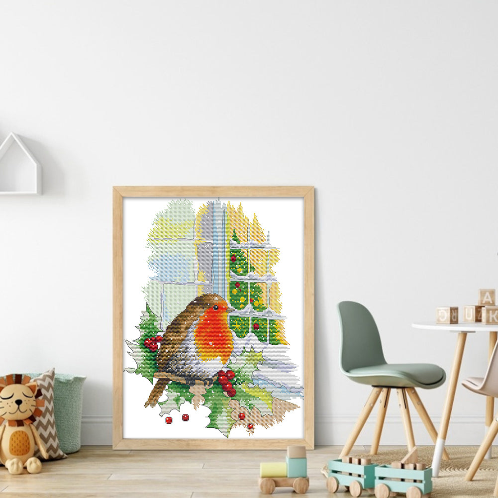 Christmas Red Bird In Front Of Window - 14CT Stamped Cross Stitch 33*41CM(Joy Sunday)