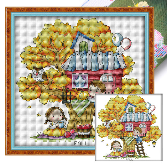 Treehouse (Autumn) - 14CT Stamped Cross Stitch 27*28CM(Joy Sunday)